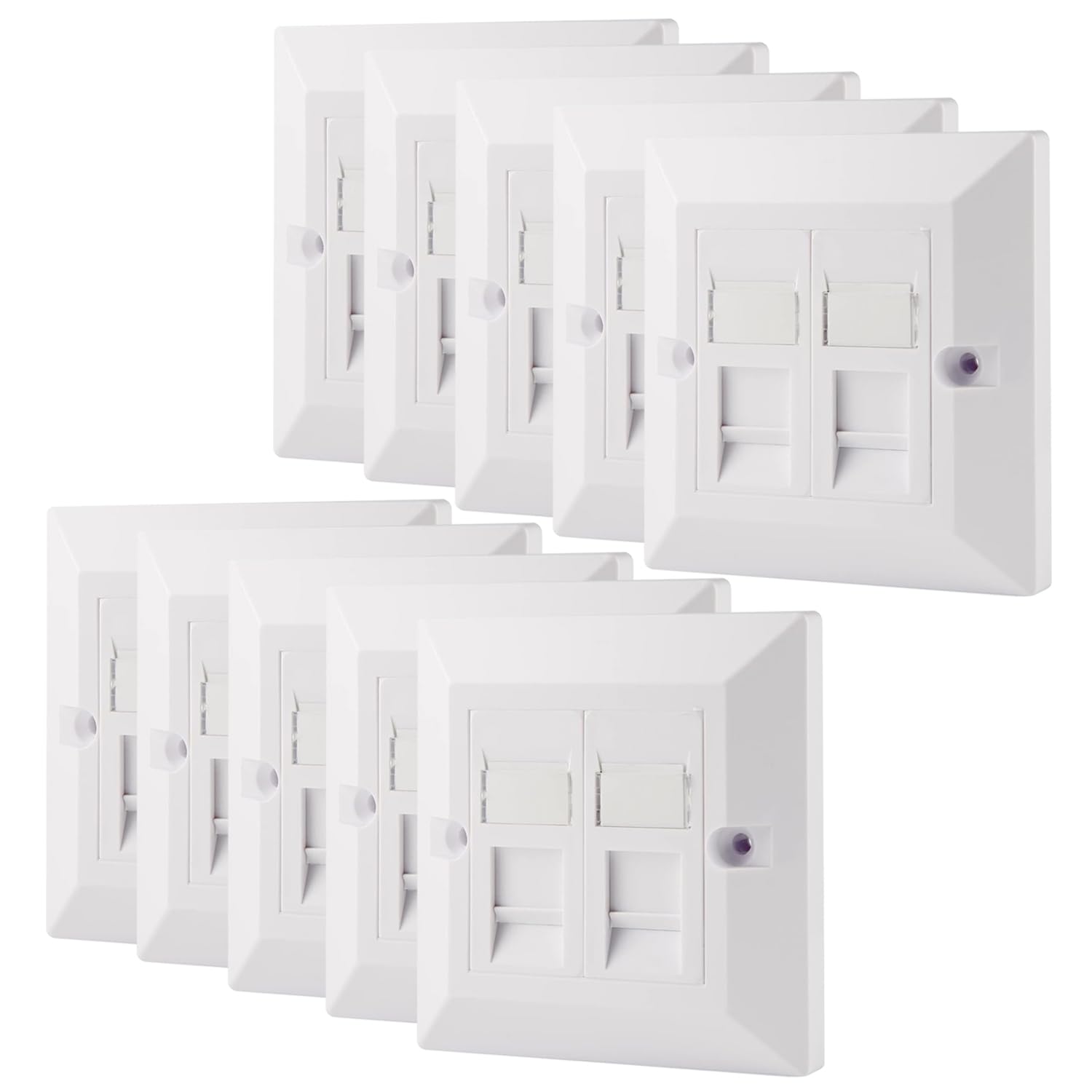 rhinocables CAT5e Ethernet Faceplate | Double 2 & Quad 4 RJ45 Gang Wall Sockets | Simple CAT 5 Setup for Printers, VoIP, Phones & More | Network Expansion for Home or Business (2 Port,Pack of 10)