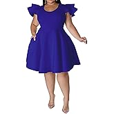 IyMoo Women's Plus Size Cape Flutter Sleeve Stretchy A Line Swing Flared Skater Cocktail Party Dress with Pockets