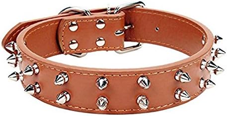 Pety Pet Basic Classic 2 Rows Spiked Rivet Studded Adjustable Leather Pet Collars for Medium Large Dogs (Large, Brown)