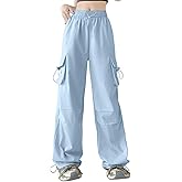 AOWKULAE Girls Cargo Pants Casual Drawstring Jogger Sportswear Parachute Pants