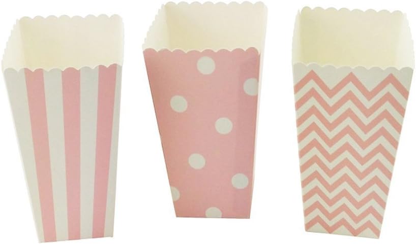 Pink Paper Popcorn Boxes, Striped Candy Containers, Chevron, Polka Dot Treat Sacks for Baby Shower 36PCS