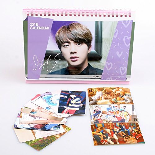 BTS Jin Calendar 2018 and 2019, With 12 Love yourself Photo Cards 2 sided Photos + 3 Stickers from Love yourself Album Group Photos Fan made