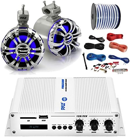 PyleMarine PFMRA350BW 2-Channel Bluetooth White Amplifier, Pyle 5.25" Wakeboard Waterproof IP44 Rated Tower Silver LED Speakers (Pair), Amp Install Kit, 18-G 50 Ft Speaker Wire