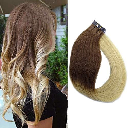 Hair Extensions Tape in Remy Human Hair Dark Brown to Bleach Blonde Ombre Hair 40grams/20pcs Seamless Skin Weft Glue in Tape Hair Extensions, 18"