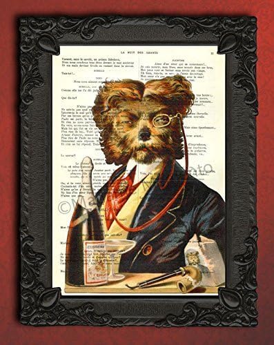 Dandy dog portrait art print, illustration of lapdog with glasses, suit, pipe and champagne artwork on antique dictionary paper