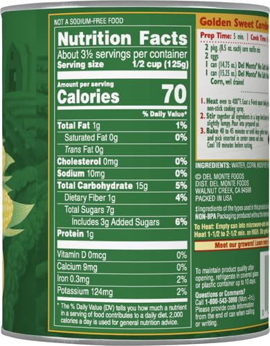 DEL MONTE CREAM STYLE SWEET CORN NO SALT ADDED, 14.75 OZ