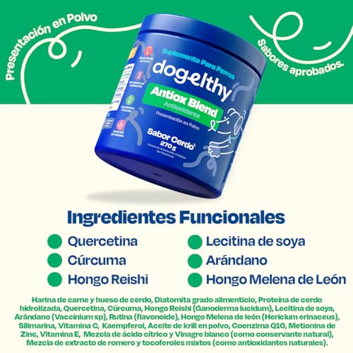 Dogelthy Antiox Blend Suplemento Antioxidante Natural para Perros. Apoya el Envejecimiento Saludable y Sistema Inmune. Polvo Sabor Cerdo 270 g