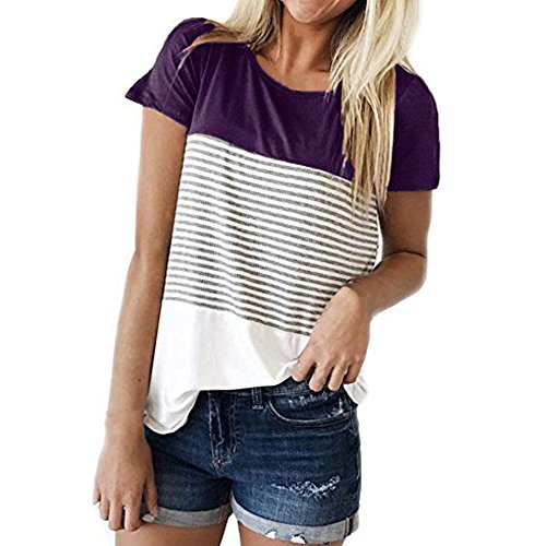 Chanyuhui Women Shirts Plus Size Clearance Casual Stitching Striped Short Sleeve Blouse Tunic Teen Girls Pullover Tops (M, Purple)