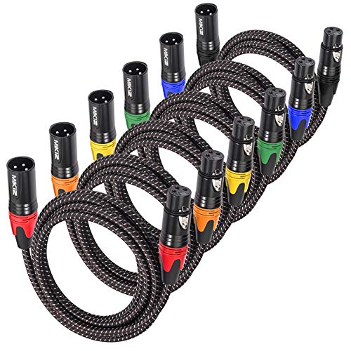 MIKIZ Microphone Cables Braided Packs (6-Pack XLR Male to Female, 6 Ft)
