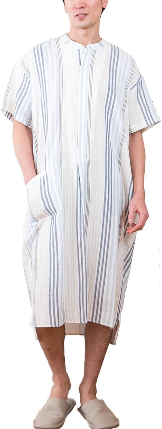 パジャマ屋 男性も着れるワンピース ネグリジェ 2重ガーゼ モダンストライプ 半袖 メンズokのスリーパー テムズブルー Lサイズ パジャマ 通販 Amazon