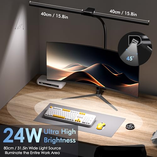 EYOCEAN 24W 80cm Dual Head Clip On Desk Lamp Daylight Desk Lamp with Remote Control Dimmable Monitor Lamp Gooseneck Eye Protection Black