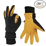 OZERO Ski Gloves -30Â°F Coldproofp Winter Thermal Glove - Deerskin Leather Palm & Polar Fleece Back with Insulated Cotton - Windproof Water-resistant Warm hands in Cold Weather for Women Men - Tan(M)
