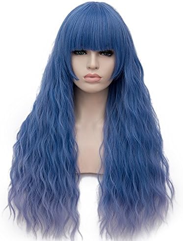 OneUstar Women's Blue Wig with Bangs Long Fluffy Curly Wavy Hair Wigs Heat Friendly Synthetic Cosplay Fancy Dress Party Wigs