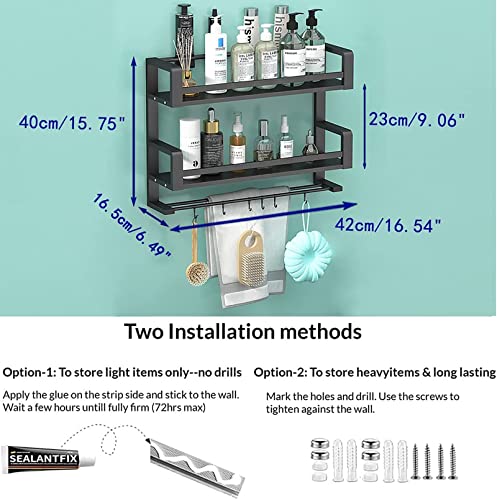 Spice Rack Organizer Wall Mounted 2 Tier, Floating Shelves Black, Wall Shelf for Bedroom, Wall Decor, Living Room, Kitchen Storage, Bathroom Shelves Over Toilet with Towel Rack Guardrail Holder Hook