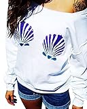 ZESICA Women's Chic Mermaid Shells T Shirts Off the Shoulder Slouchy Pullovers Tops,White,X-Large