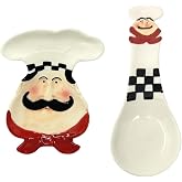 Fat Chef Spoon Rest and Kitchen Plate 2 Item Bundle, Italian Bistro Cooking Home D&eacute;cor, Ceramic and Hand Painted
