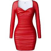 LAGSHIAN Women's Sexy Bodycon Mini Dress Square Neck Long Sleeve Mesh Ruched Party Short Dresses