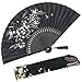 OMyTea Folding Hand Fan for Women - Foldable Japanese Chinese Oriental Vintage Retro Bamboo Silk Fan - for Church, Decoration, Hot Flash, Dance, Performance, Party, Gift (Black Grassflowers)