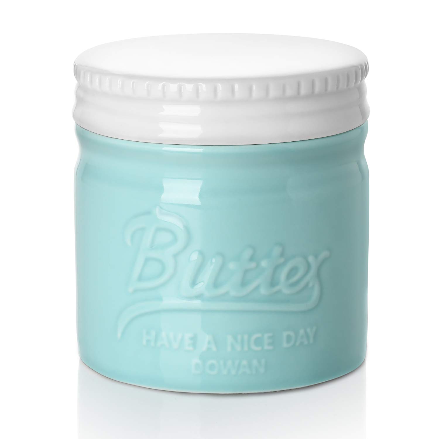 DOWAN Butter Keeper Crock, French Butter Dish with Lid, Porcelain Mason Jar Style Butter Crock, Embossed Butter Container for Spreadable Homemade Fresh Flavored Butter, Blue