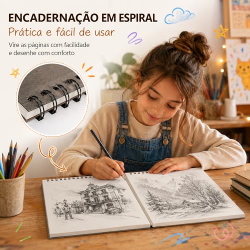 GODREAM Caderno de Desenho Profissional, Kit de 4 Sketchbook A5, Cada 60 Folhas Papel 100g/m², Bloco de Desenho com Espiral, Ideal para Desenho e Ilustração