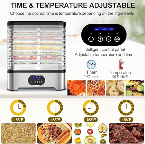 Hcosmy Food Dehydrator Machine, 8 BPA‑Free Trays Food Dryer, Adjustable 72H Timer & Temperature Levels F1-F3 (35‑70°C), Kitchen Drying Machine for Fruit, Vegetables, Meat, Healthy Snacks & Dog Treats