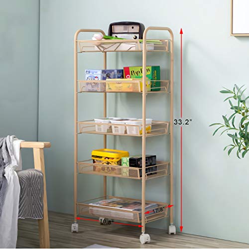 IRISHOME Easy Assemble 5-Tier Bathroom Shelf Cart, Large Rolling Cart, Office File Cart, Kitchen Storage Cart on Wheels, Utility cart, Storage Rack, Mesh Designing -Yellow