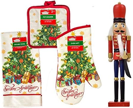 Christmas Kitchen Decorations 15x25in Towel, 13in Oven Mitten Mitt, 7x7in Pot Holders, Linen Set, With Wooden Nut Cracker Toy Statue. Drying, Cleaning, Cooking and Baking. 5 Piece Holiday Xmas Bundle