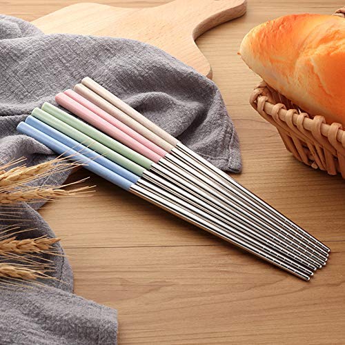 4 Pairs of Stainless Steel Wheat Straw Chopsticks Set,Environmental Reusable Heat Resistant Stainless Steel Wheat Straw Handle Traditional Chinese Chopsticks