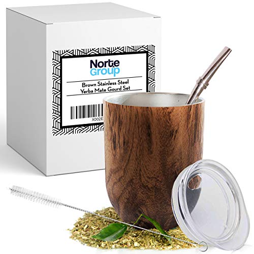 Yerba Mate Cup Gourd Set Brown (Original Traditional Mate Cup - 8 Ounces) I Includes Bombilla (Yerba Mate Straw) & Cleaning Brush I Stainless Steel Double-Walled I Easy to Clean