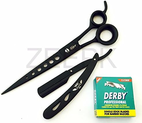 2 PCS Professional Salon Barber 8" Hair Styling Scissor Shear, Razor Black Matte Razor Holder Professional Barber Salon Vintage Knife SHAVETTE Straight Edge Shaving Knife NAVAJA RASIERMESSER