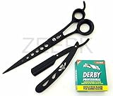 2 PCS PROFESSIONAL SALON BARBER 8" HAIR STYLING SCISSOR SHEAR, RAZOR BLACK MATTE RAZOR HOLDER PROFESSIONAL BARBER SALON VINTAGE KNIFE SHAVETTE STRAIGHT EDGE SHAVING KNIFE NAVAJA RASIERMESSER