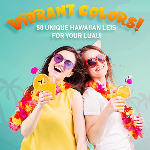 Hawaiian Leis Luau Bulk 50 Pack Flower Necklaces - Colorful Variety of Simulated Silk Hawaii Lei Theme Party Decoration Kit Supplies for Tropical Themed Parties, Durable Faux Flower Party Favors