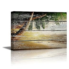 Tropical Beach with Palm Tree on Vintage Wood Background