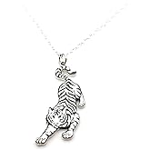 Sterling Silver Tiger Necklace – Handmade Animal Charm Jewelry – Detailed Tiger Pendant on 18 Inch Sterling Silver Chain