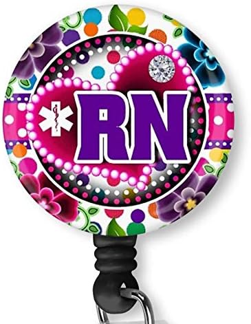 Purple RN Nurse with Flowers Retractable ID Card Badge Holder with Alligator Clip Name Nurse Decorative Badge Reel Clip on Card Holders