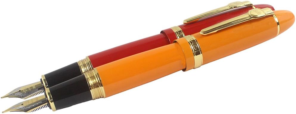 Sipliv 2PCS Jinhao Big Heavy M 18KGP Nib Fountain Pen 159, Gold Trim, Red & Orange