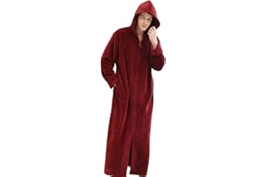 Hooded Zip Up Robes For Men Soft Winter Thick Knee Length Bathrobe Casual Fleece Texture Flannel Nightgown With Pocket