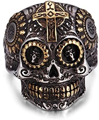 Eamaott Ghost Skull Stainless Steel Cross Ring Men Personalized Vintage Halloween Ring Jewelry