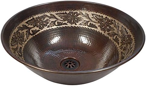 SimplyCopper 14" Round Copper Vessel Bathroom Sink with Silver Overlay with Daisy Drain