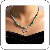 Vacaonio Bohemia Summer Beach Beads Necklace Colorful Seed Bead Choker Necklace Coconut Tree Pendant Necklace Rainbow Bead Chain Necklace Jewelry for Women