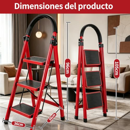 Escalera Plegable para Casa,Escalera Plegable de 3 Peldaños,Diseño de Cierre de Seguridad,Patas y Pasamanos Antideslizantes,Escalera Plegable de Peldaños,para Hogar,Garaje,Interior y Exterior-Rojo