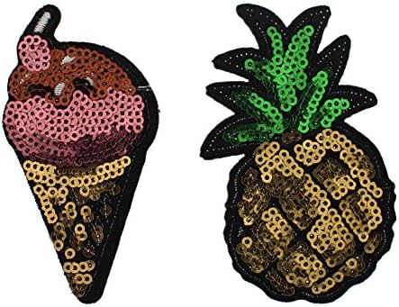 Trendy Iron On Embroidered Sequin Patches (Pineapple, Ice Cream Cone)