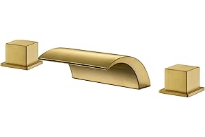 Hanallx Deck Mount Roman Tub Faucet Set, Waterfall High Flow Brushed Gold Bathtub Faucets, 12-15.7in Widespread, Deck Mount Tub Faucet with Valve, Brass 3 Holes Bath Tub Faucet Set, with 2 Handle