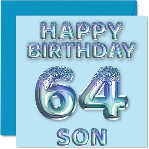 Stuff4 64th Birthday Card for Son, Blue Glitter Party Balloons, Happy Birthday Cards for 64th Birthday Cards from Mum Dad Parents 145mm x 145mm