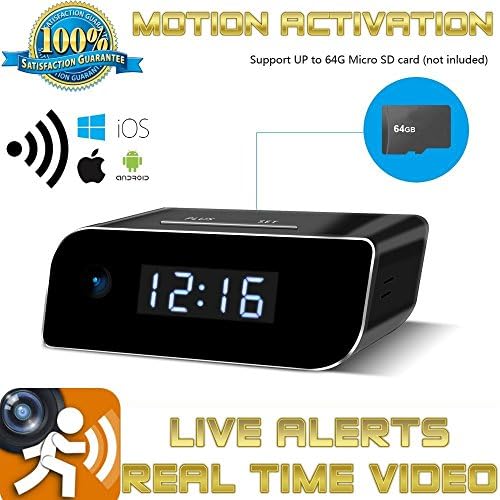 Camera Wifi Clock Baby Monitor Nanny Cam Motion Activated Detection Night Vision 1080p HD Supports 64GB Micro SD Mobile App Wireless Live Video Playback On iOS Android Home Hotel Office Surveillance