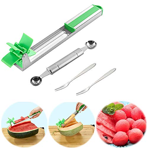 Stainless Steel Watermelon Slicer, Watermelon Windmill Cutter Melon Baller Scoop Fruit Vegetable Tools Kitchen Gadgets Corer Tool Set, with 2 Fruit Fork - Thumbnail 7