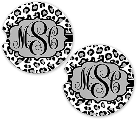 White Leopard Cheetah Monogram Sandstone Cup Holder Matching Coaster Set