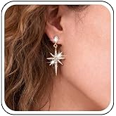 Yheakne Boho Crystal Starburst Drop Earrings - Gold Northstar Dangle Vintage CZ Sword Stud Long Rhinestone Jewelry for Women