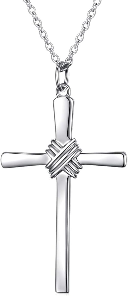 Flyow Valentine's Gifts for Him Mens Cross Necklace Sterling Silver Unisex Crufix Jewelry for Men Women Boys with Strong 24 Inches Long Chain Easter Gifts Mothers Day Jewelry