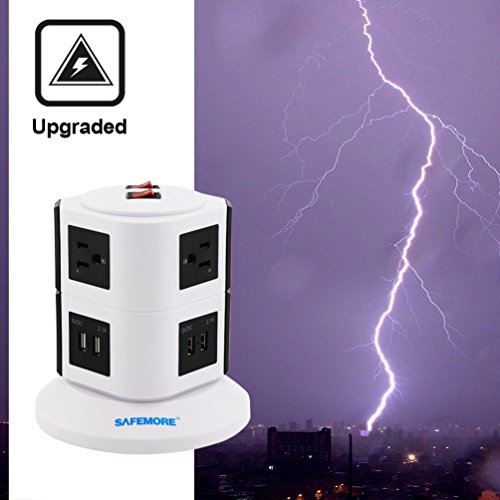 Safemore 6 Outlet Surge Protector Power Strip with USB Smart Charger (4 Port,5V 2.1A), AWG14 6.5ft Long Cord Extension, Home Office Desk Nightstand Charger Station (White+ Black) - Thumbnail 5
